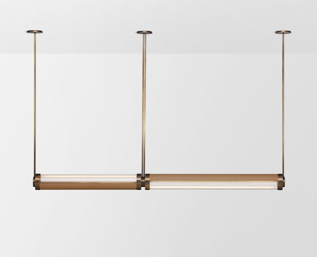Articolo Studios Luxury Lighting Swivel Double Pendant in Bronze and Noughat leather Inlay