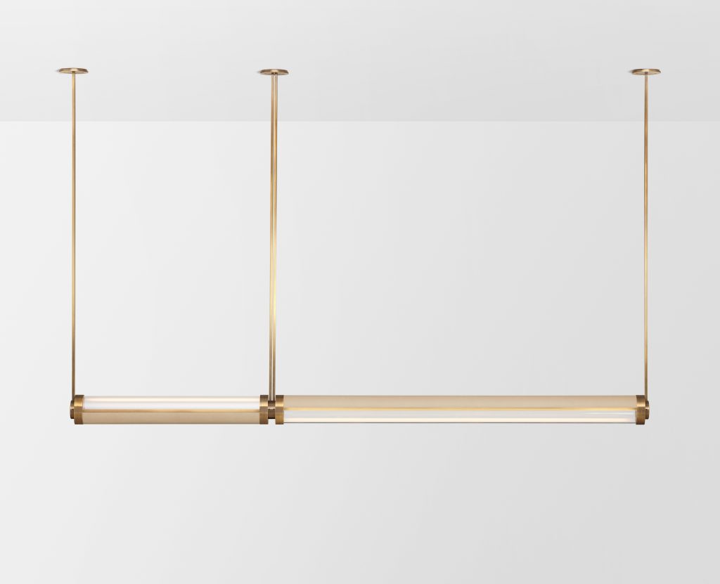 Articolo Studios Luxury Lighting Swivel Medium and Extra Large Double Pendant in Brass with Cafe Havana Leather Inlay