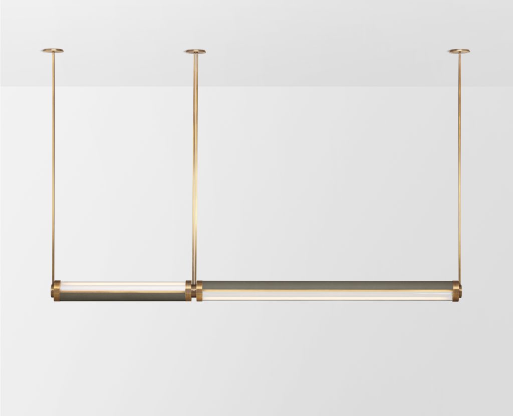 Articolo Sutdios Luxury Lighting Swivel Medium and Extra Large Double Pendant in Brass with Storm Leather Inlay