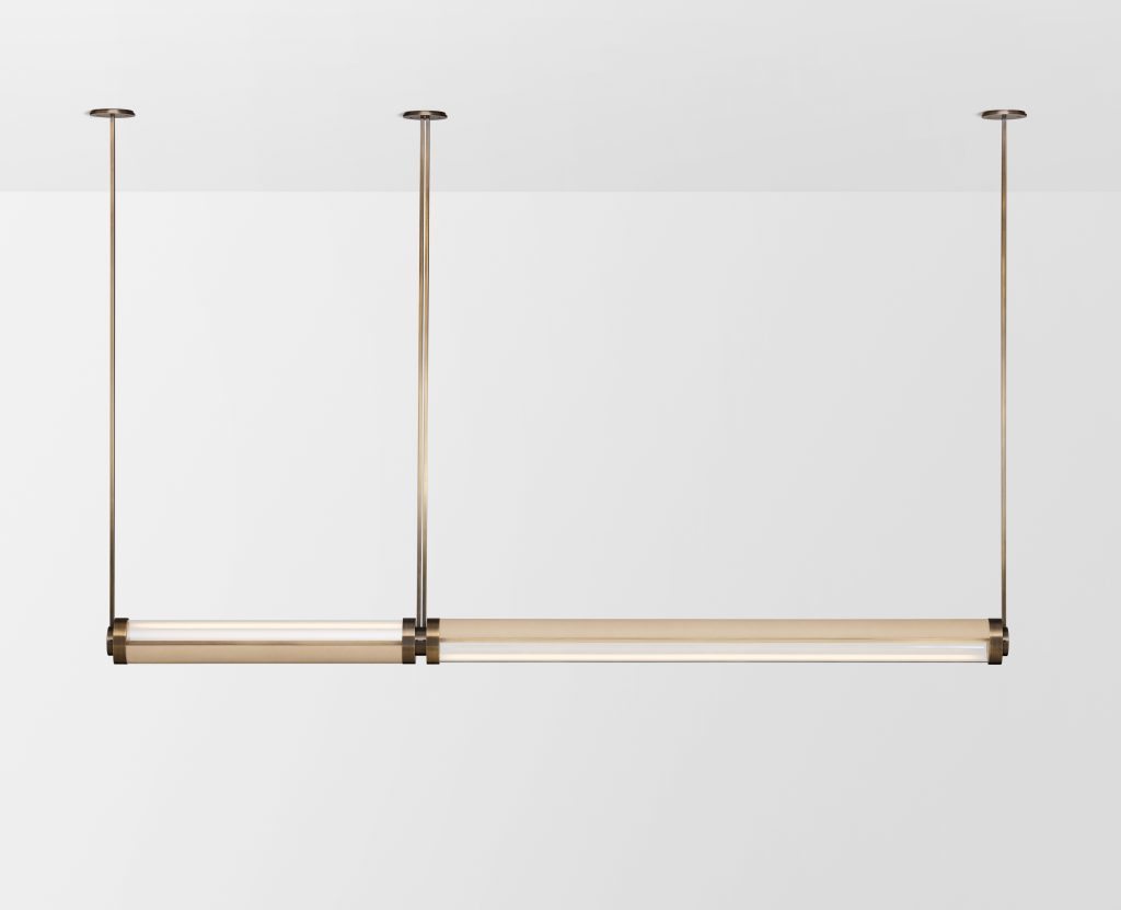 Articolo Studios Luxury Lighting Swivel Medium and Extra Large Double Pendant in Bronze with Cafe Havana Leather Inlay