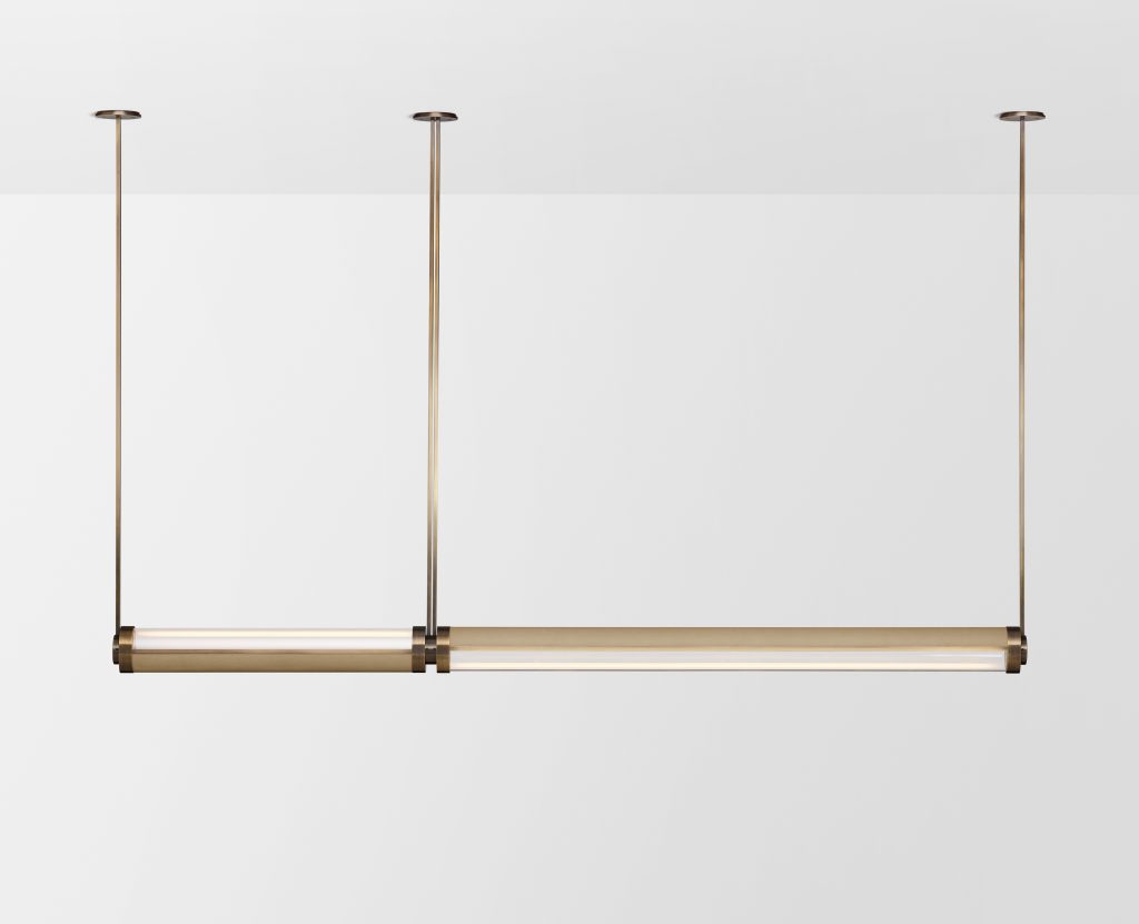 Articolo Studios Luxury Lighting Swivel medium and Extra Large Double Pendant in Bronze with Cascade Leather Inlay