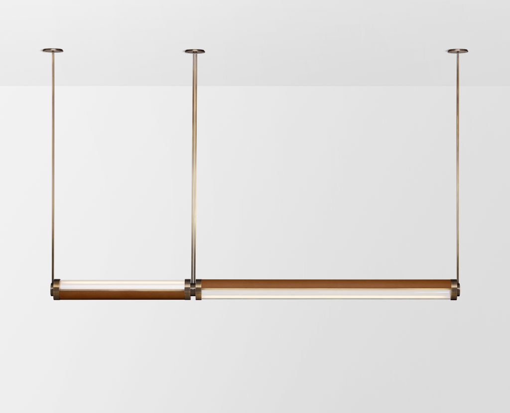 Articolo Studios Luxury Lighting Swivel Medium and Extra Large Double Pendant in Bronze with Driftwood Leather Inlay