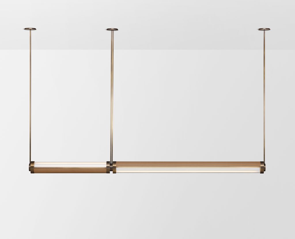 Articolo Studios Luxury Lighting Swivel Double Pendant in Bronze and Nougat Leather Inlay