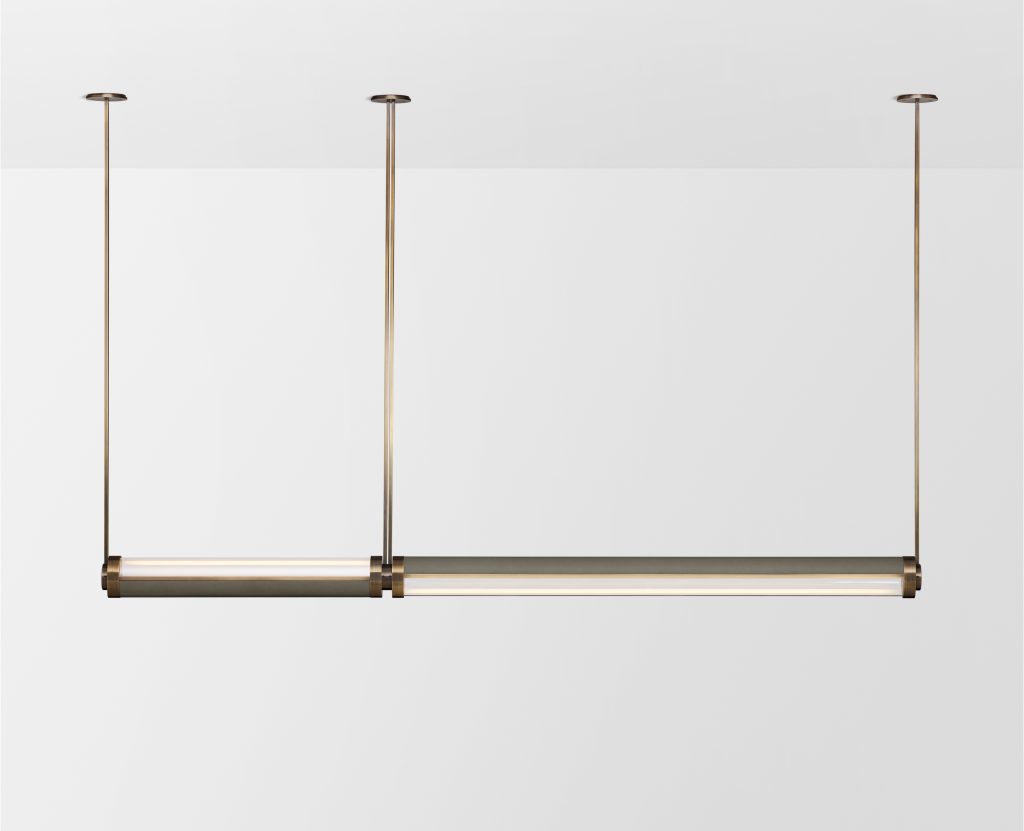 Articolo Studios Luxury Lighting Swivel Medium and Extra Large Double Pendant in Bronze with Storm Leather Inlay