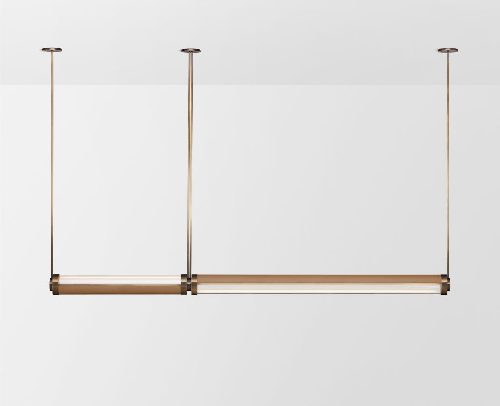 Articolo Studios Luxury Lighting Swivel Medium and Extra Large Double Pendant in Bronze and Venetian Linen Leather Inlay