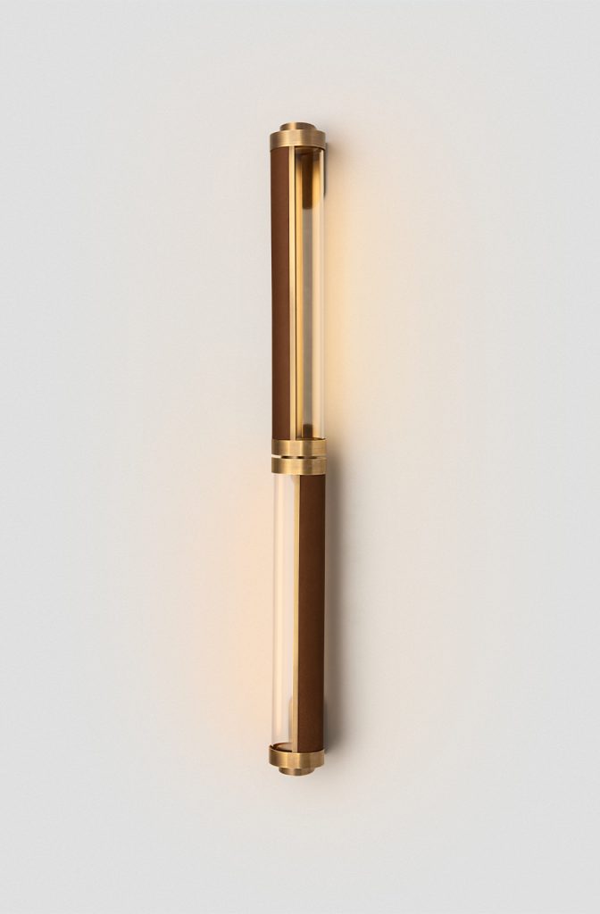 Articolo Studios Luxury Lighting Swivel Double Wall Sconce in Brass with Pecan Leather inlay
