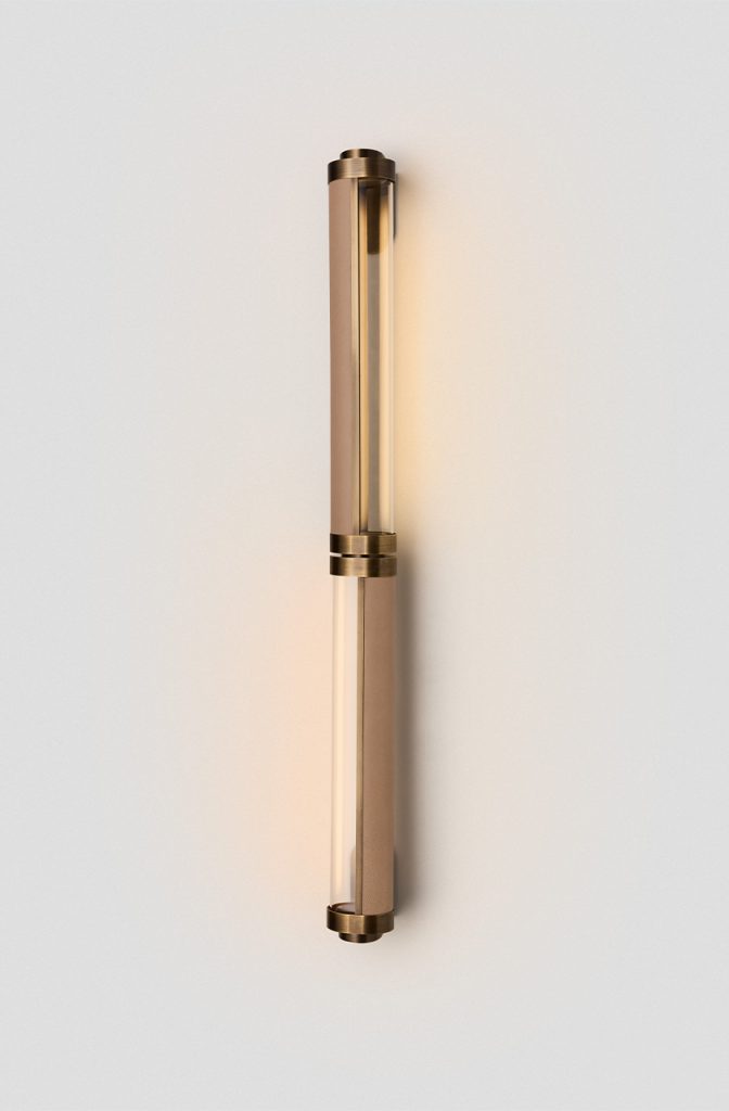 Articolo Studios Luxury Lighting Swivel Double Wall Sconce in bronze with Nougat Leather Inlay
