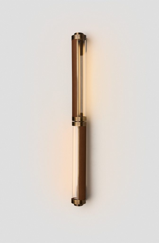 Articolo Studios Luxury Lighting Swivel Double Wall Sconce in Bronze with Pecan Leather Inlay