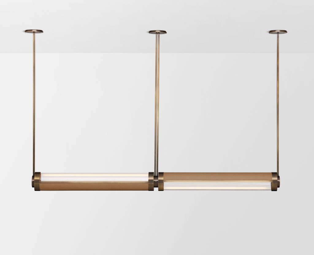 Articolo Studios Luxury Lighting Swivel Double Pendant in Bronze and Nougat Leather Inlay