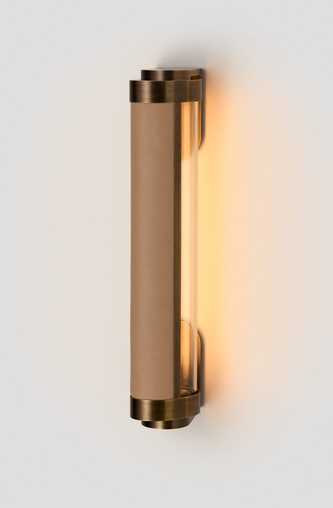 Articolo Studios Luxury Lighting Swivel Single Wall Sconce in bronze with Nougat leather Inlay