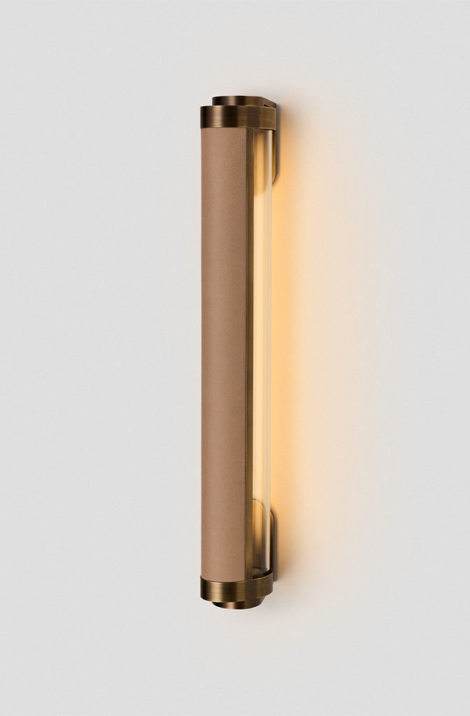Articolo Studios Luxury Lighting Swivel Single Wall Sconce in Bronze with Nougat Leather Inlay