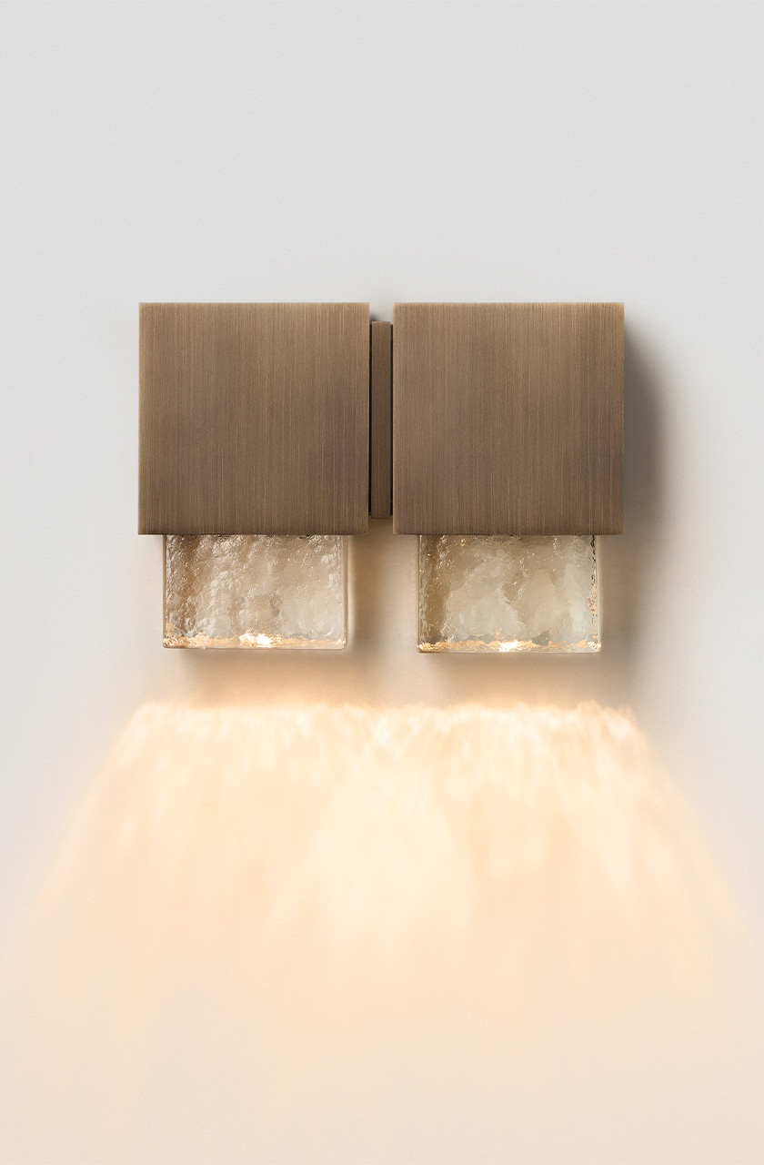 Articolo Studios Luxury Lighting. Cubo double wall sconce in ice and bronze