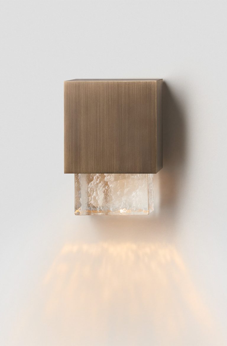 Articolo Studios Luxury Lighting. Cubo single wall sconce in ice and bronze