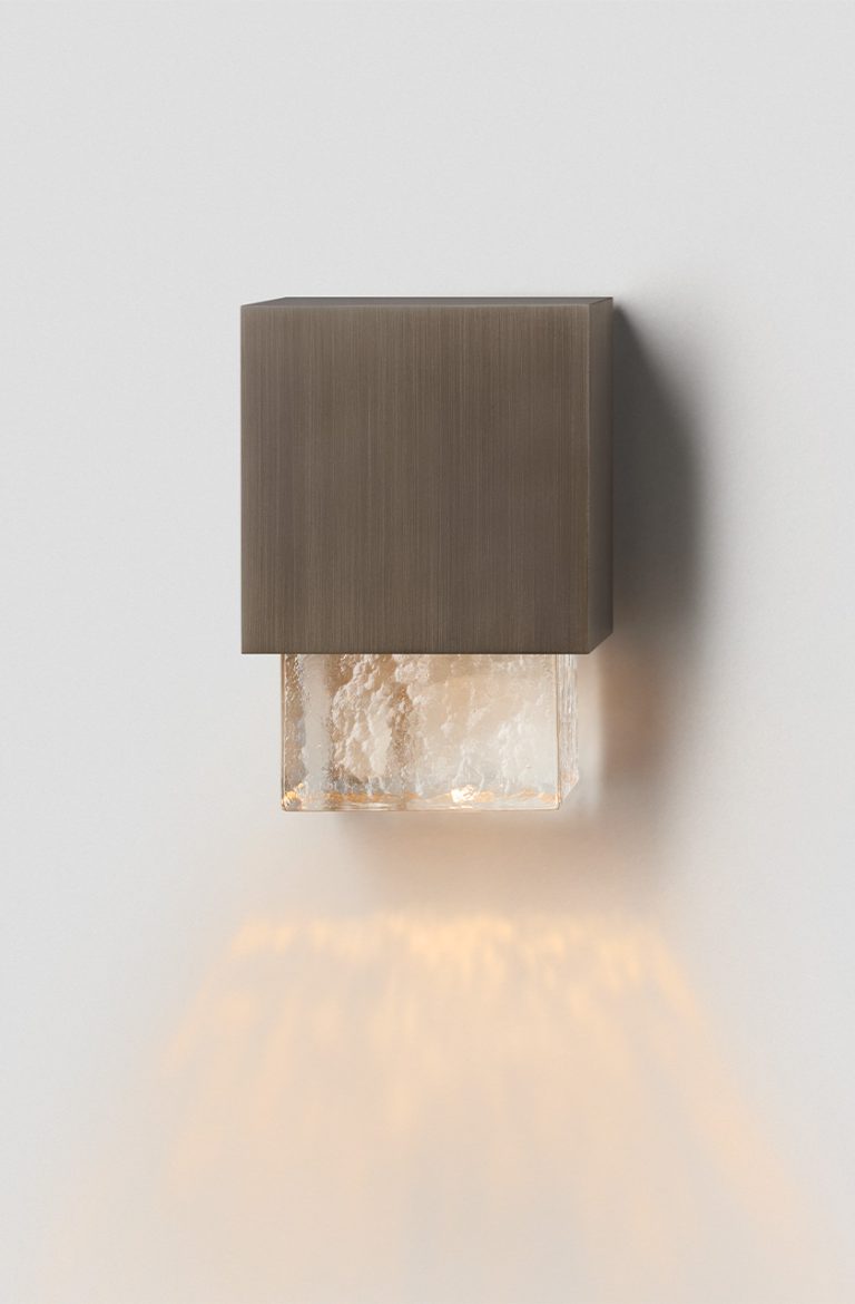 Articolo Studios Luxury Lighting. Cubo exterior triple wall sconce in ice and anodised bronze