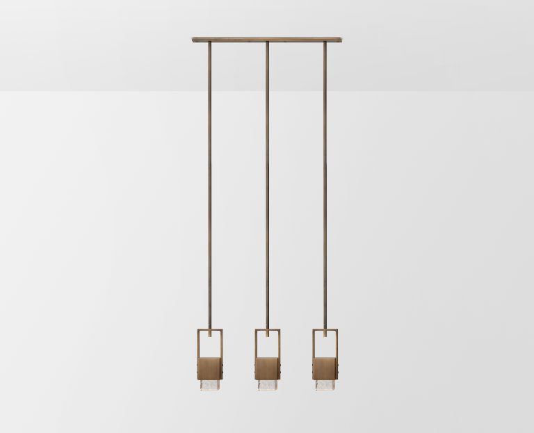 Articolo Studios Luxury Lighting. Cubo 3 cube down pendant in ice and bronze