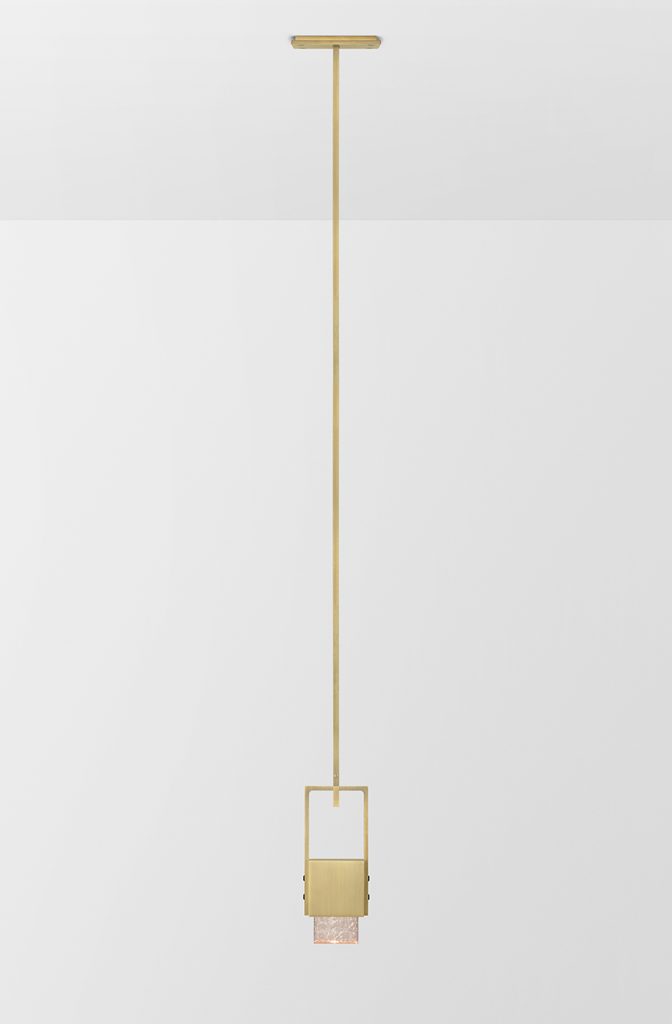 Articolo Studios Luxury Lighting Cubo Swing Single Pendant in Brass with Guava Shade