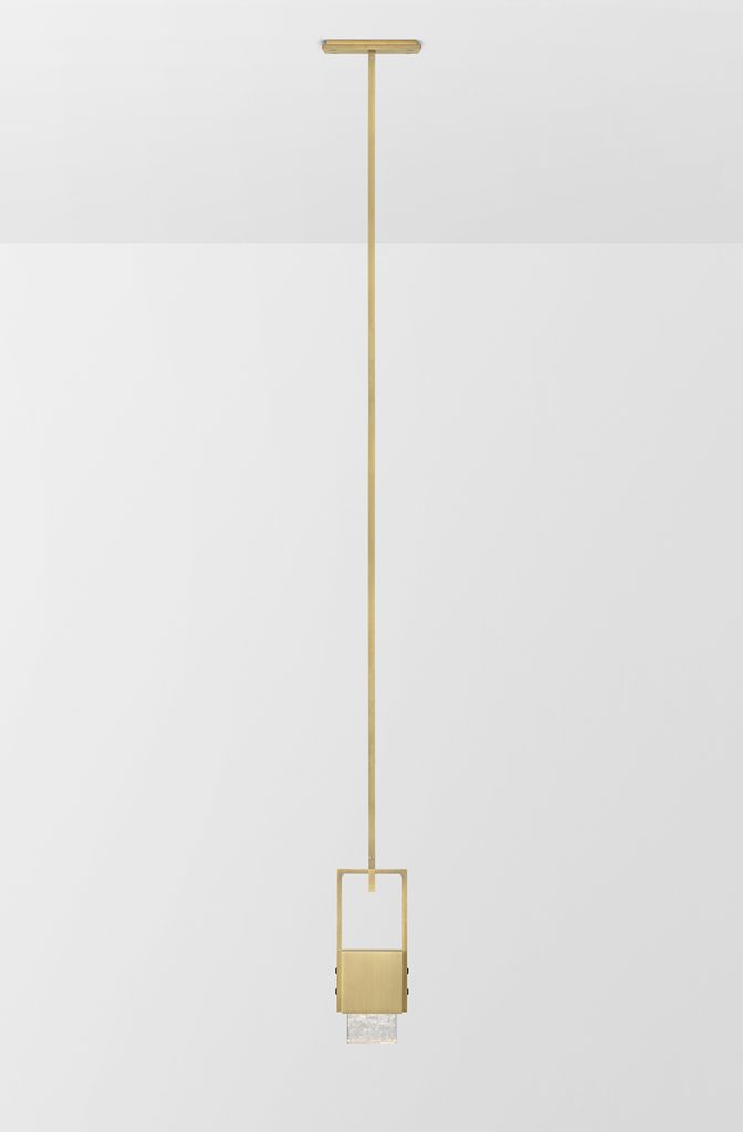 Articolo Studios Luxury Lighting Cubo Swing Pendant in Brass with Ice Shade