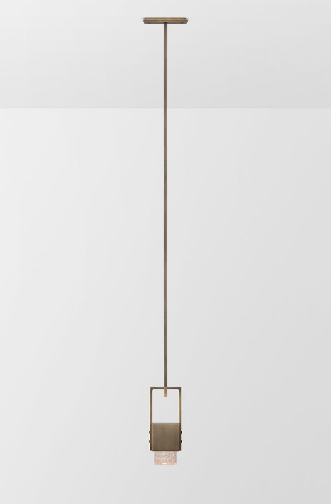 Articolo Studios Luxury Lighting Cubo Swing Pendant in Bronze with Guava Shade