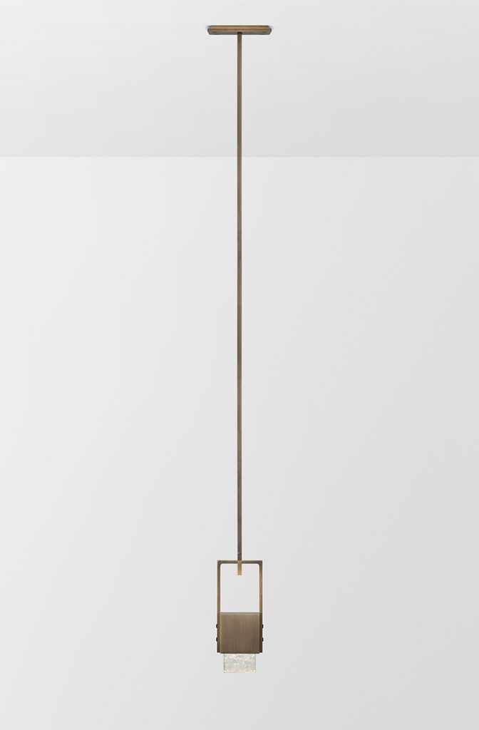 Articolo Studios Luxury Lighting Cubo Swing Single Pendant in Bronze with Ice Shade
