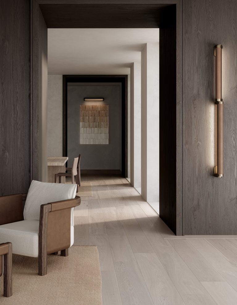Articolo Studios luxury lighting. Saddle armchair in driftwood with bone linen and walnut details. Swivel double wall sconce with driftwood leather inlay. swivel single wall sconce