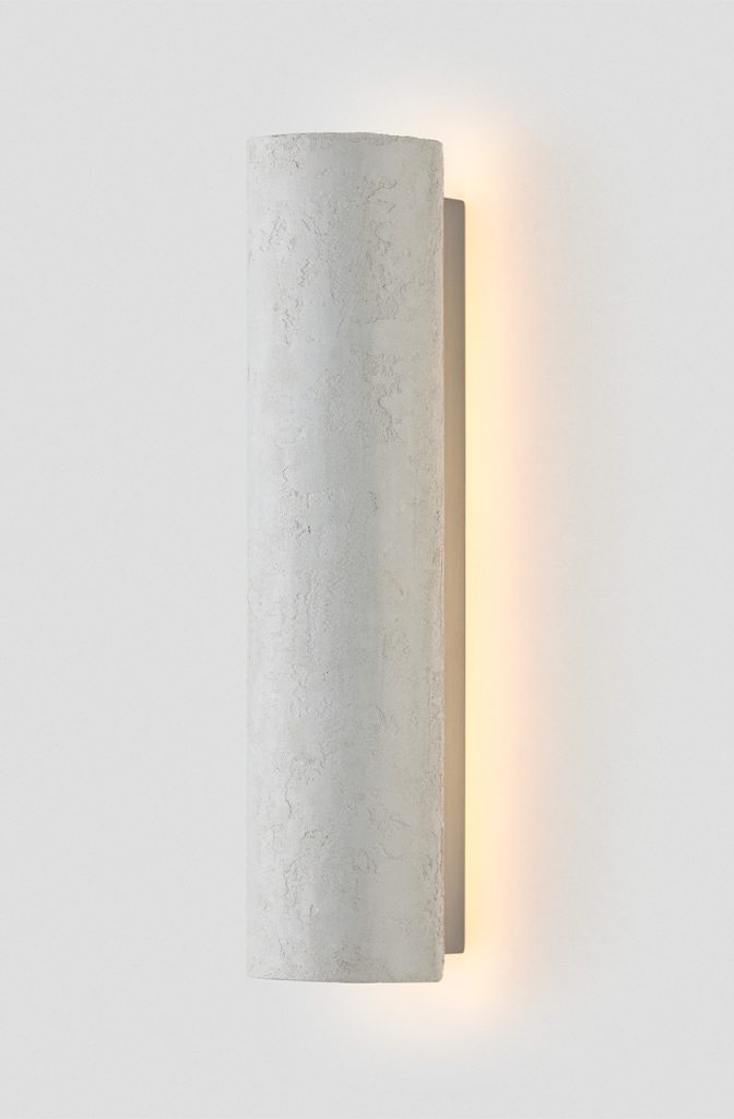 Articolo Studios luxury lighting. 12:40 backward facing wall sconce in pressed cement off white with satin nickel