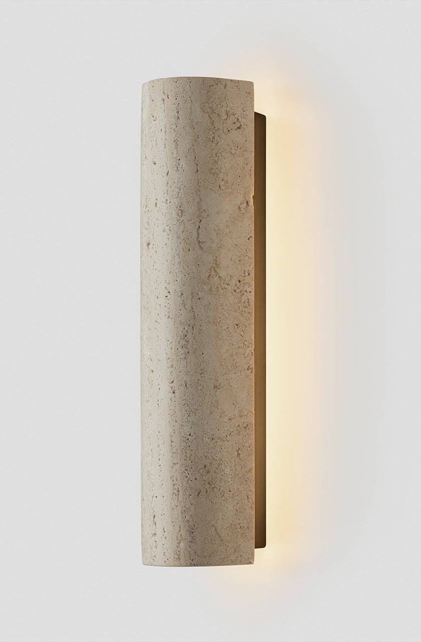 Articolo Studios luxury lighting. 12:40 backward facing wall sconce in travertine and brass
