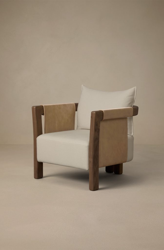 Articolo Studios Luxury Furniture Saddle Arm Chair in Walnut with Bone Linen and