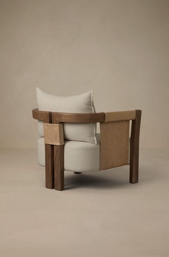 Articolo Studios Luxury Furniture Saddle Arm Chair in Walnut and Bone Linen with Nougat Leather
