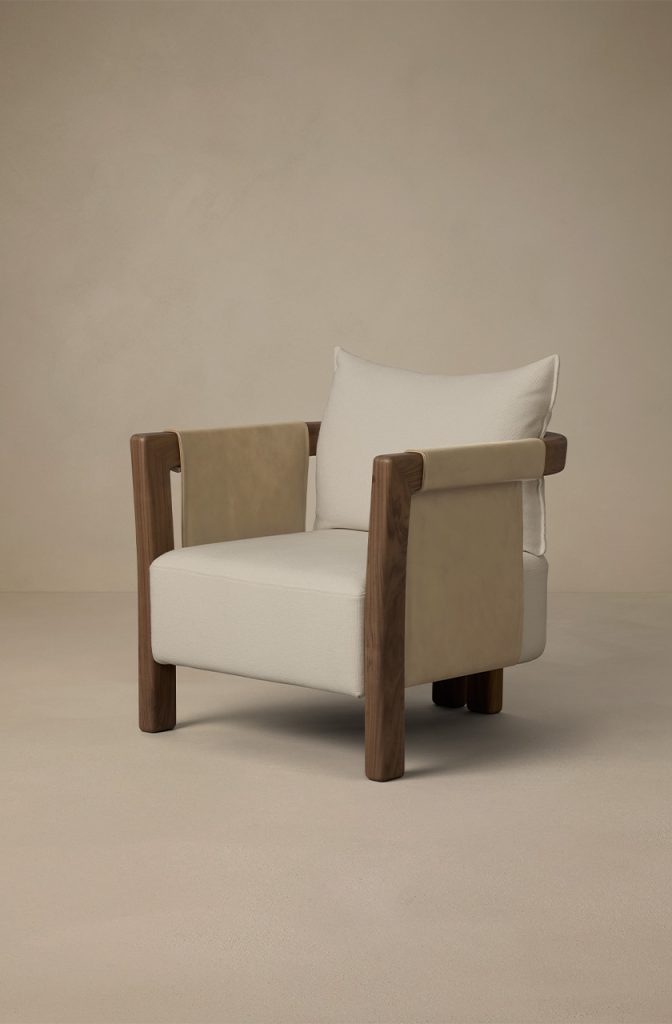 Articolo Studios Luxury Furniture Saddle Arm Chair in Walnut with Bone Linen and Titanium Leather