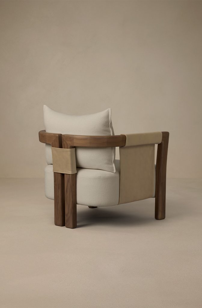 Articolo Studios Luxury Furniture Saddle Arm Chair in Walnut and Bone Linen and Titanium Leather