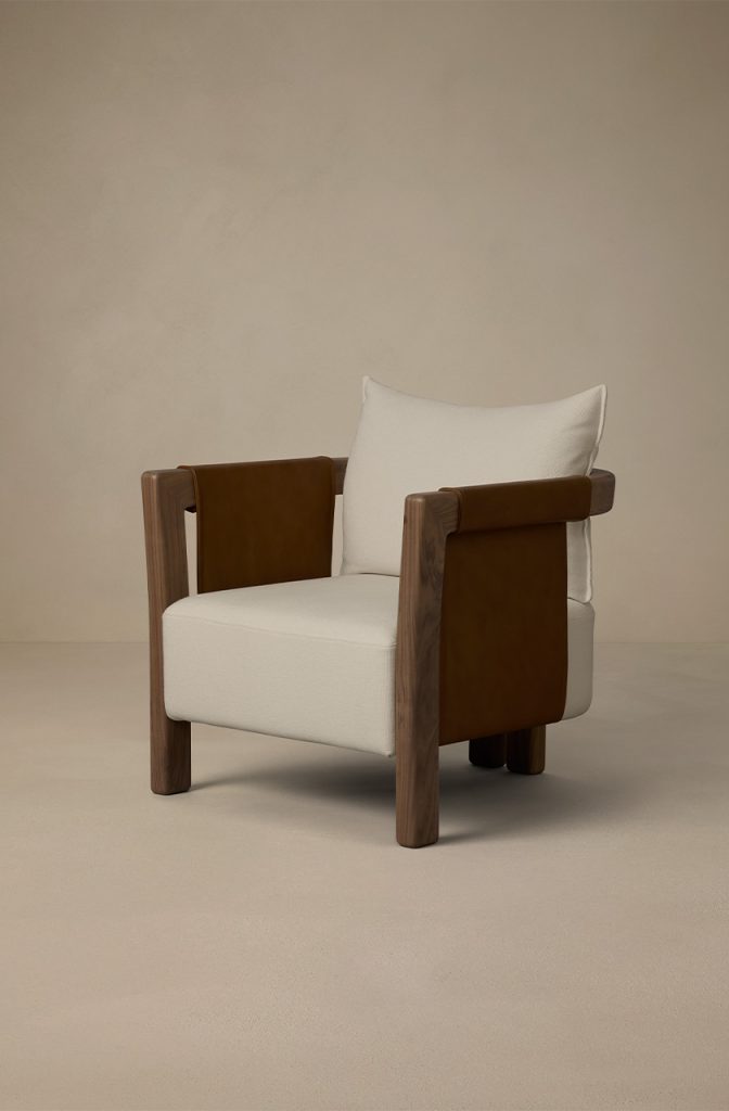 Articolo Studios Luxury Lighting Saddle Arm Chair in Walnut and Bone Linen with Pecan Leather