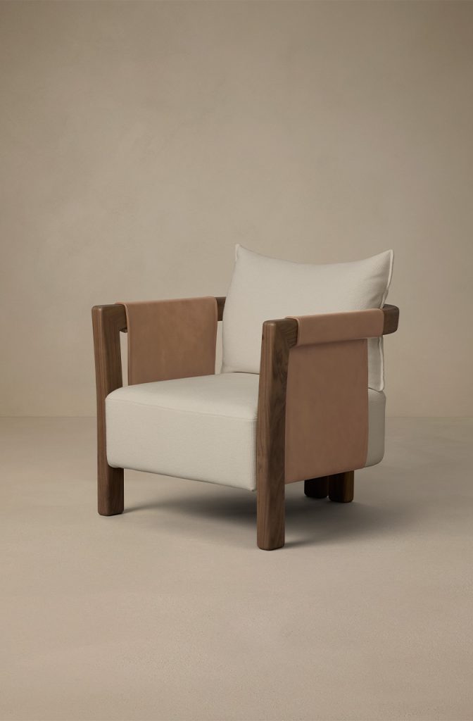 Articolo Studios Luxury Furniture Saddle Arm Chair in Walnut and Bone Linen with Nougat leather Inlay