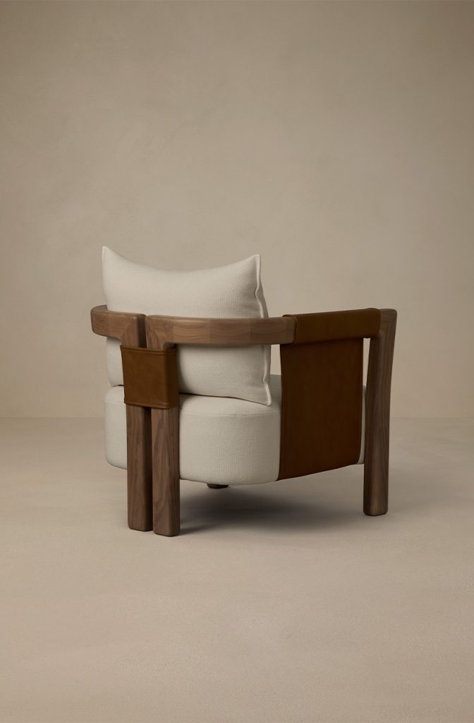 Articolo Studios Luxury Furniture Saddle Arm Chair in Walnut with Bone Linen and Pecan Leather
