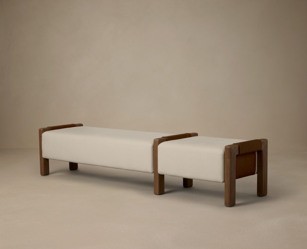 Articolo Studios Luxury Furniture Saddle Bench in Walnut with Bone Linen and Pecan Leather Detail