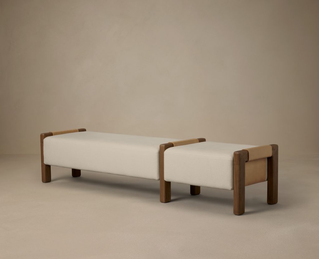 Articolo Studios Luxury Lighting Saddle Bench in Walnut, Nougat Leather and Bone Linen