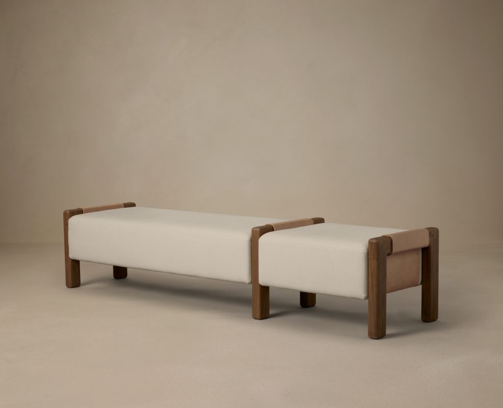 Articolo Studios Luxury Lighting Saddle Bench in Walnut with Bone Linen and Nougat Leather Detail
