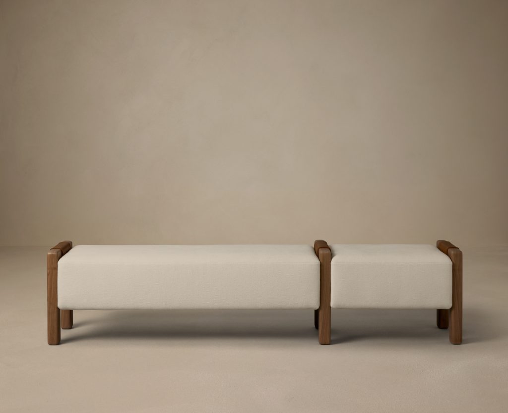 Articolo Studios Luxury Furniture Saddle bench in Walnut with Bone Linen and Pecan Leather Detail