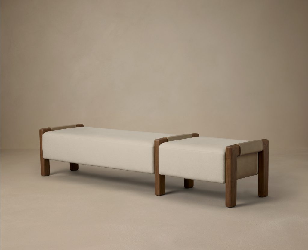 Articolo Studios Luxury Lighting Saddle Bench in Titanium Leather, Walnut and Bone Linen