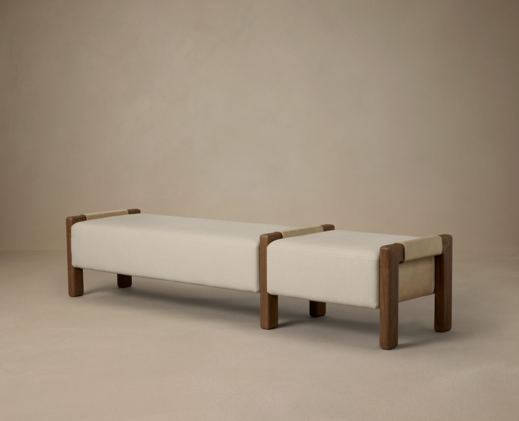 Articolo Studios Luxury Furniture Saddle Bench in Walnut and Bone Linen with Titanium Leagther Detail