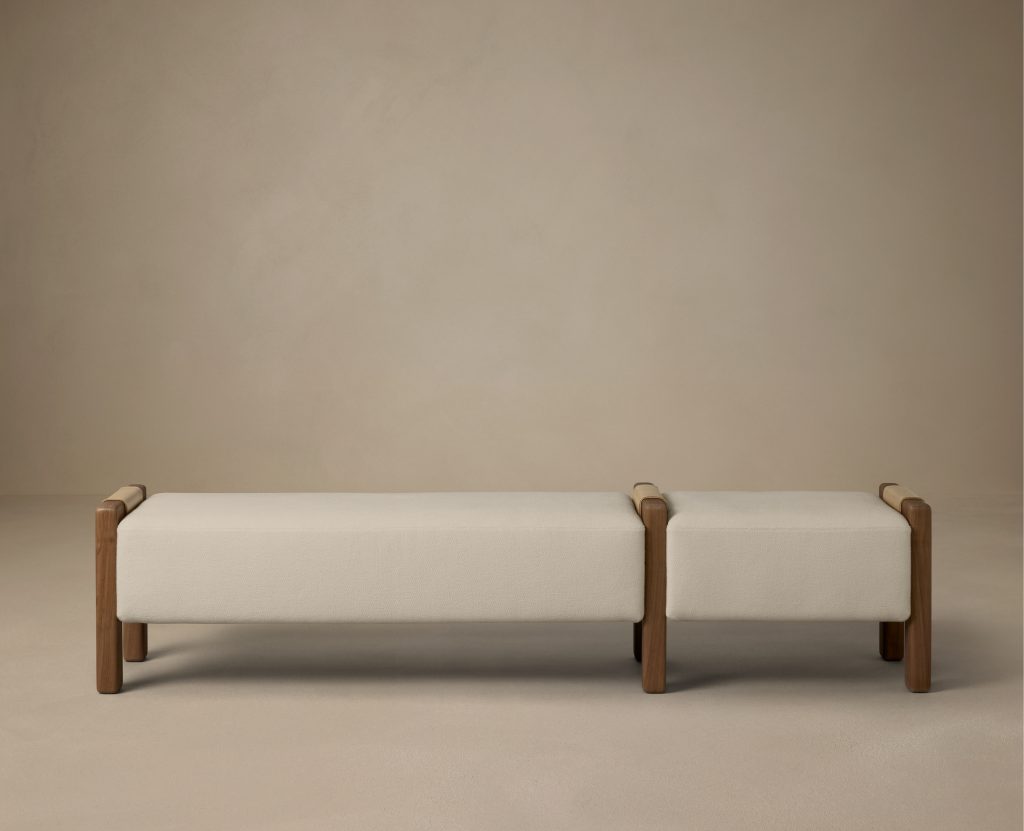 Articolo Studios Luxury Furniture Saddle Bench in Walnut and Bone Linen and Titanium Leather Detail