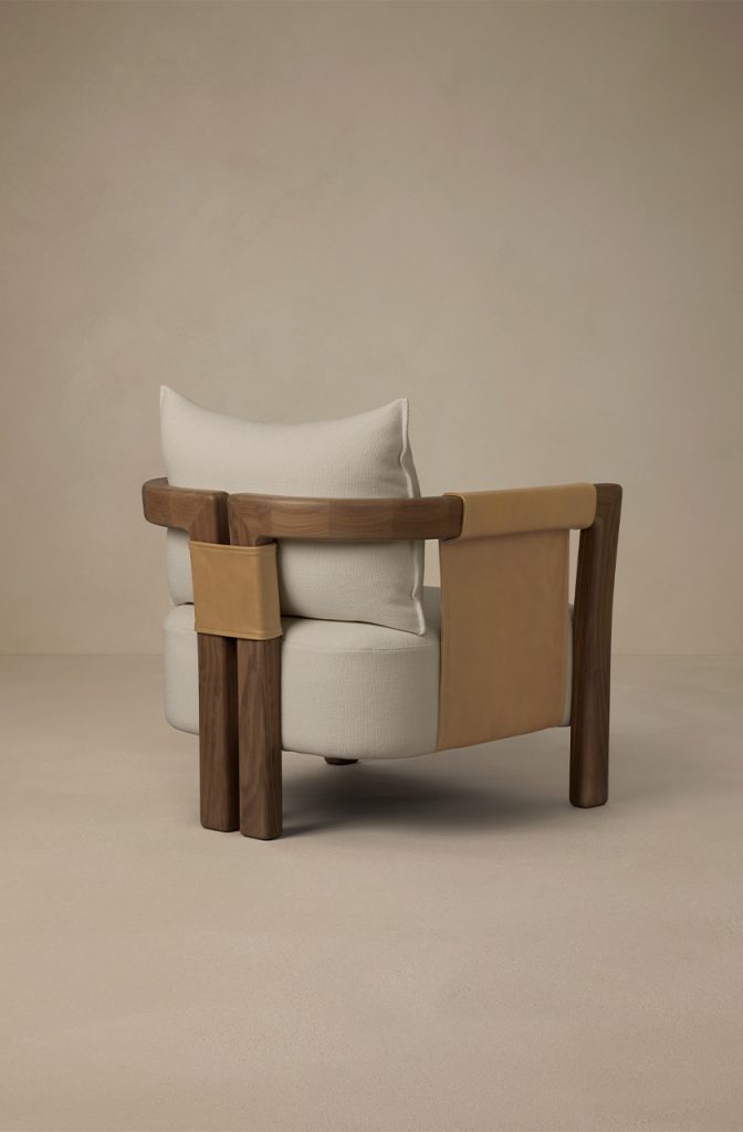 Articolo Studios Luxury Lighting Saddle Arm Chair in Walnut, Nougat Leather and Bone Linen