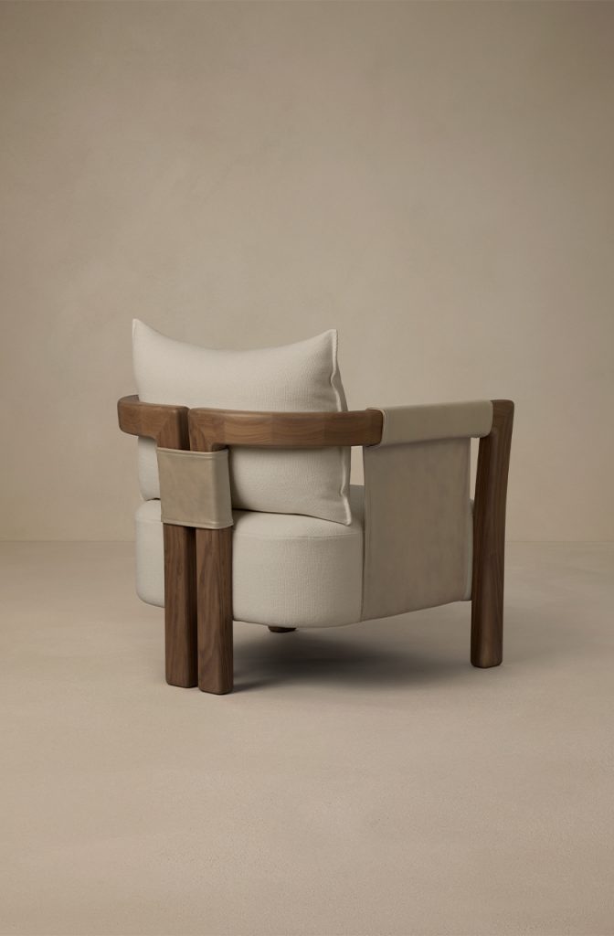 Articolo Studios Luxury Lighting Saddle Arm Chair in Walnut, Titanium Leather and Bone Linen