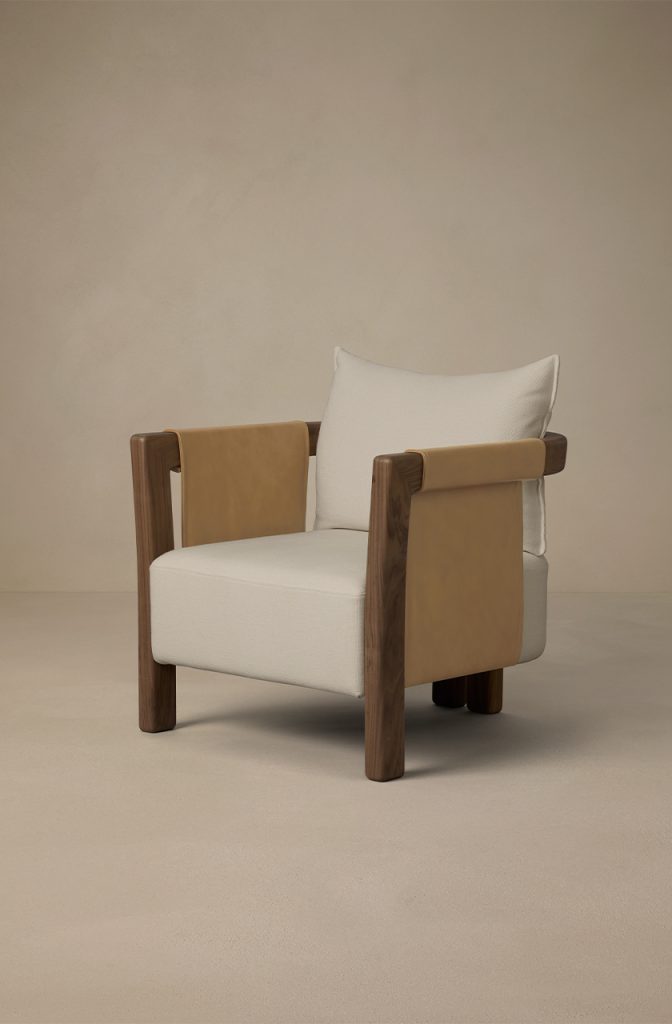 Articolo Studios Luxury Furniture Saddle Arm Chair in Walnut, Nougat Leather and Bone Linen