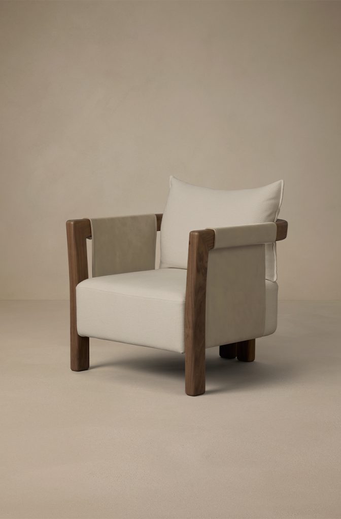 Articolo Studios Luxury Lighting Saddle Arm Chair in Walnut, Titanium Leather, and Bone Linen