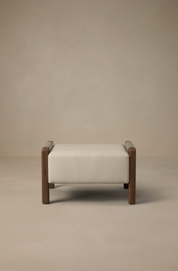 Articolo Studios Luxury Lighting Saddle Ottoman in Titanium Leather and Walnut with Bone Linen