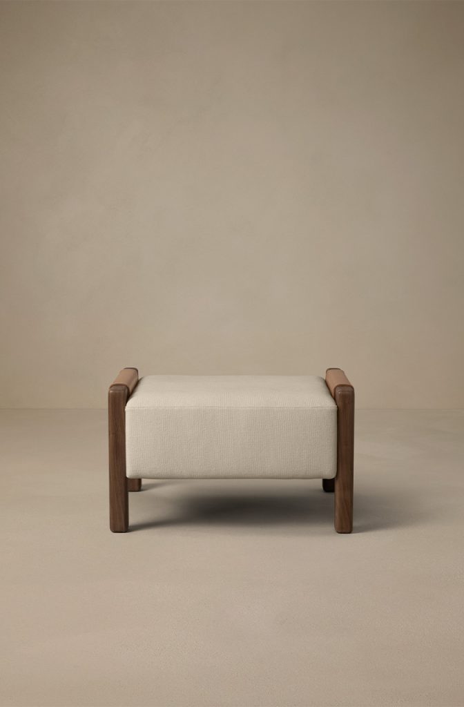 Articolo Studios Luxury Furniture Saddle Ottoman in Walnut with Bone Linen and Dougat Leather