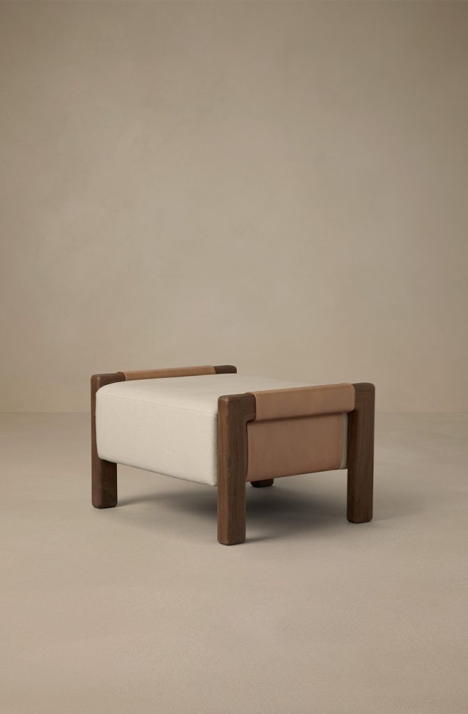 Articolo Studios Luxury Furniture Saddle Ottoman in walnut and Bone Linen with Nougat Leather