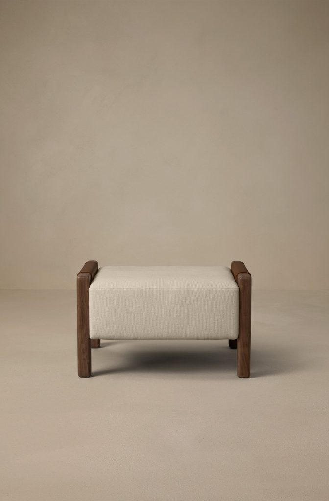 Articolo Studios Luxury Furniture Saddle Ottoman in Walnut with Bone Linen and Pecan Leather Inlay