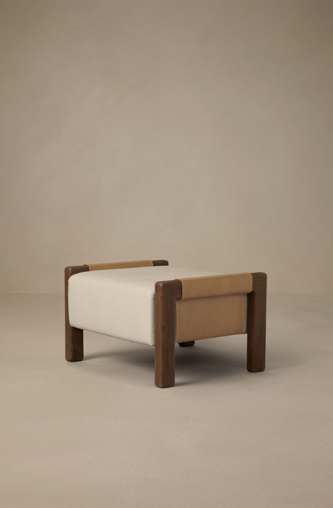 Articolo Studios Luxury Lighting Saddle Ottoman in Nougat Leather, Bone Linen and Walnut