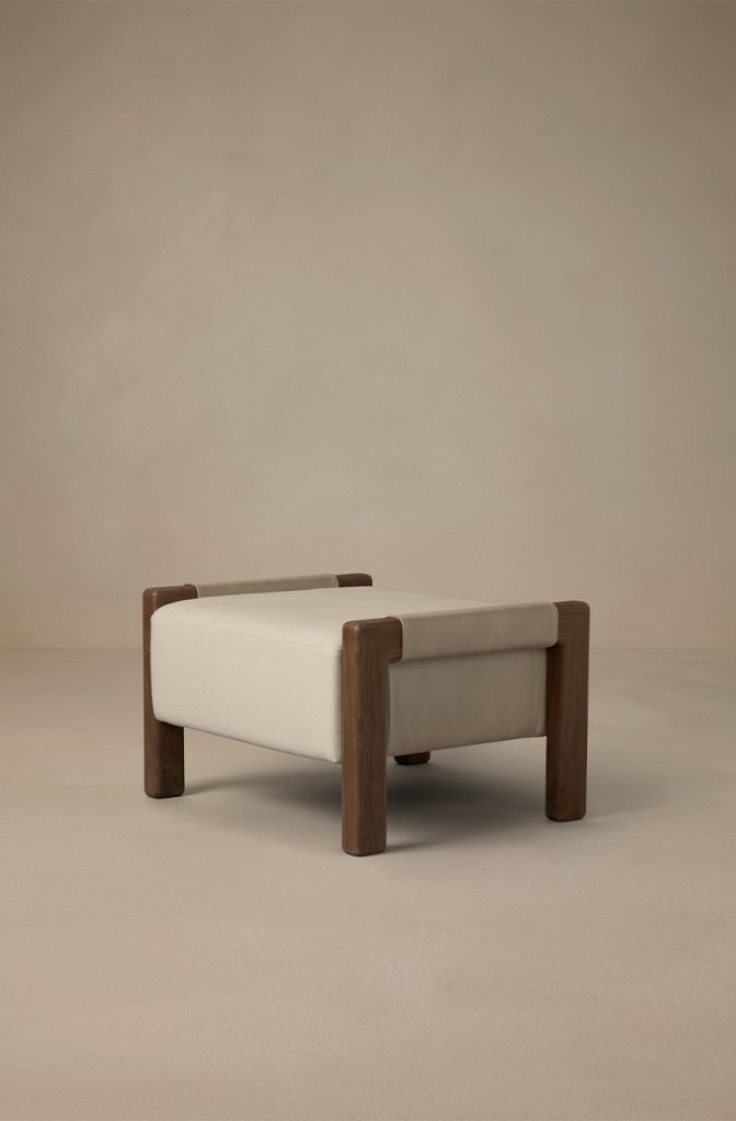Articolo Studios Luxury Lighting Saddle Ottoman in Titanoum Leather, Walnut and Bone Linen